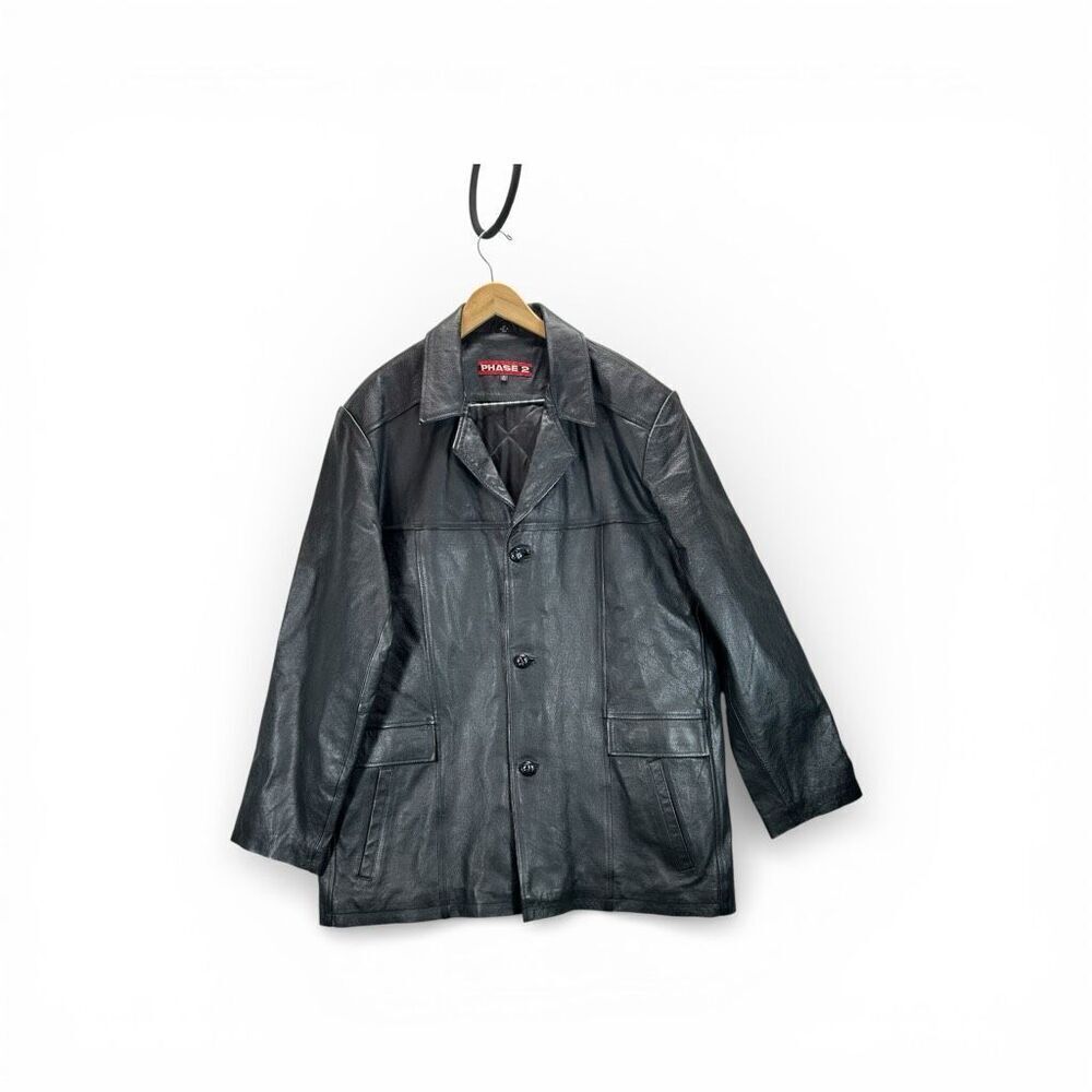 Vintage Phase 2 Black Leather Jacket XL Tall Button Front Classic
